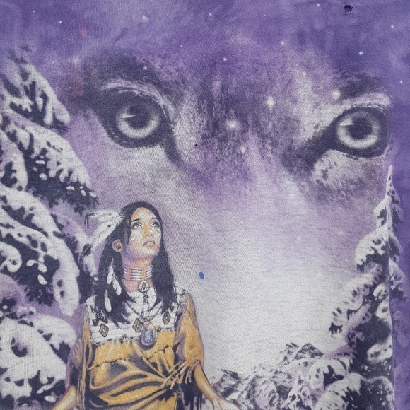 The Mountain Large Vintage Native American Wolf Tie Dye Purple T Shirt Thrashed - Picture 3 of 10